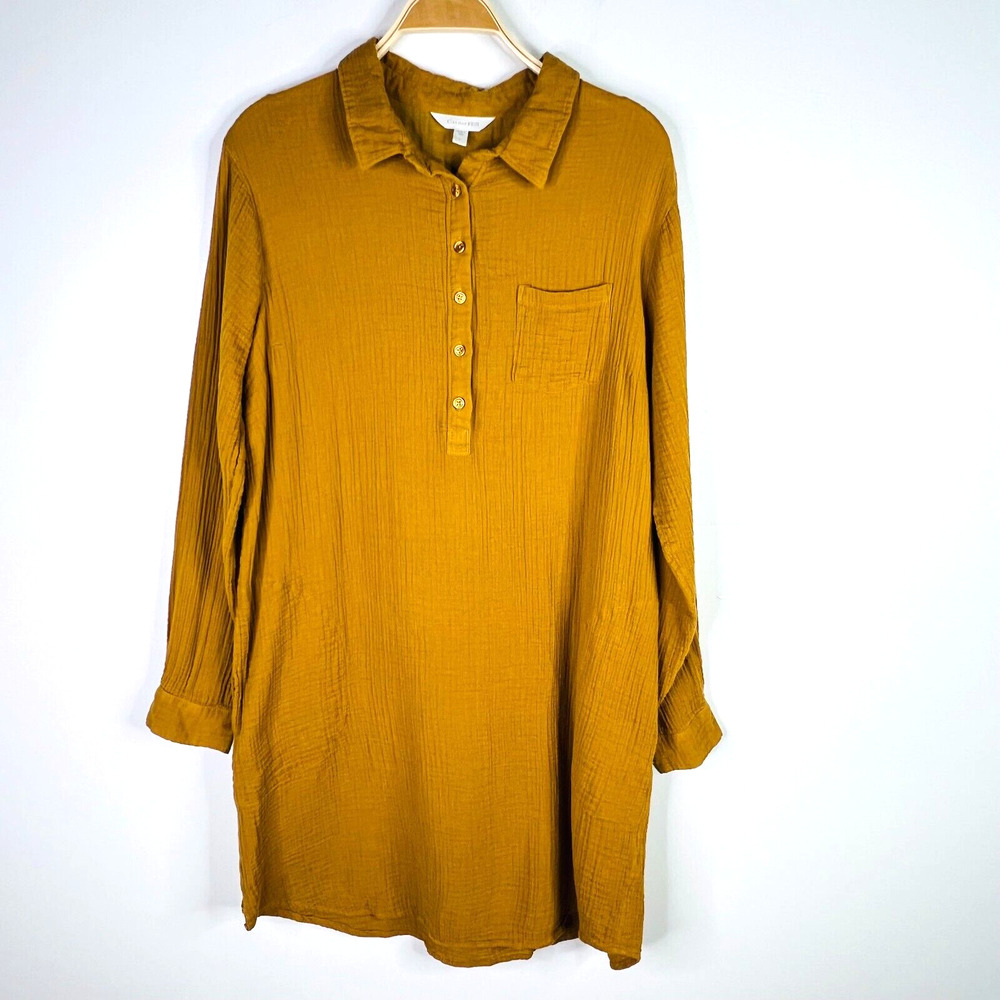 Garnet Hill Eden Organic Cotton Shirtdress Size‎ L Brown Lagenlook Gauzy